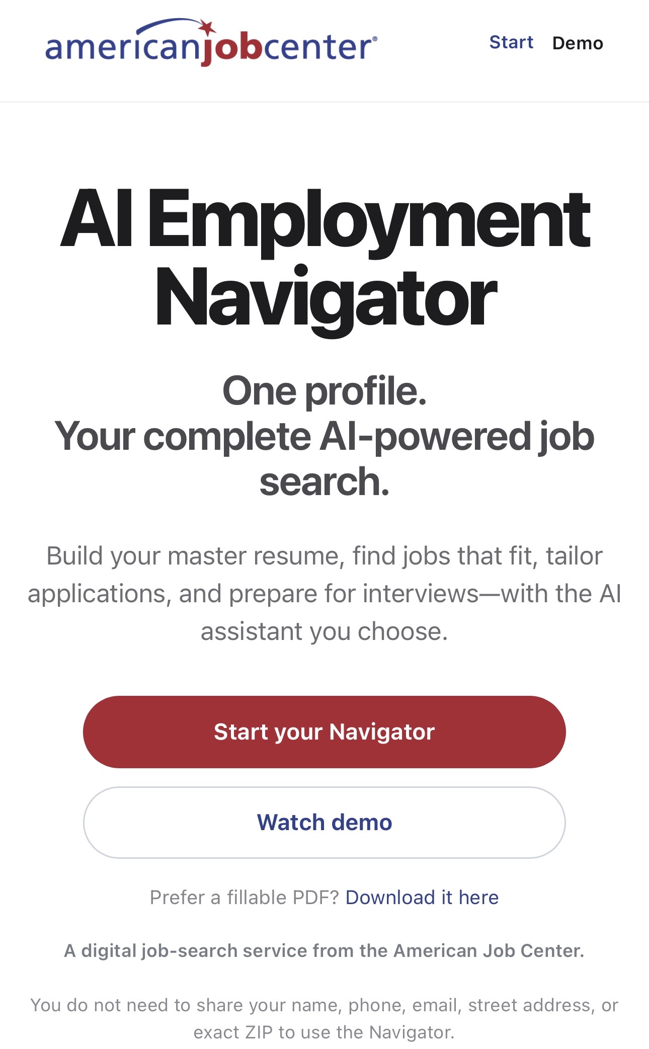 Full screenshot of the AI Employment Navigator experience